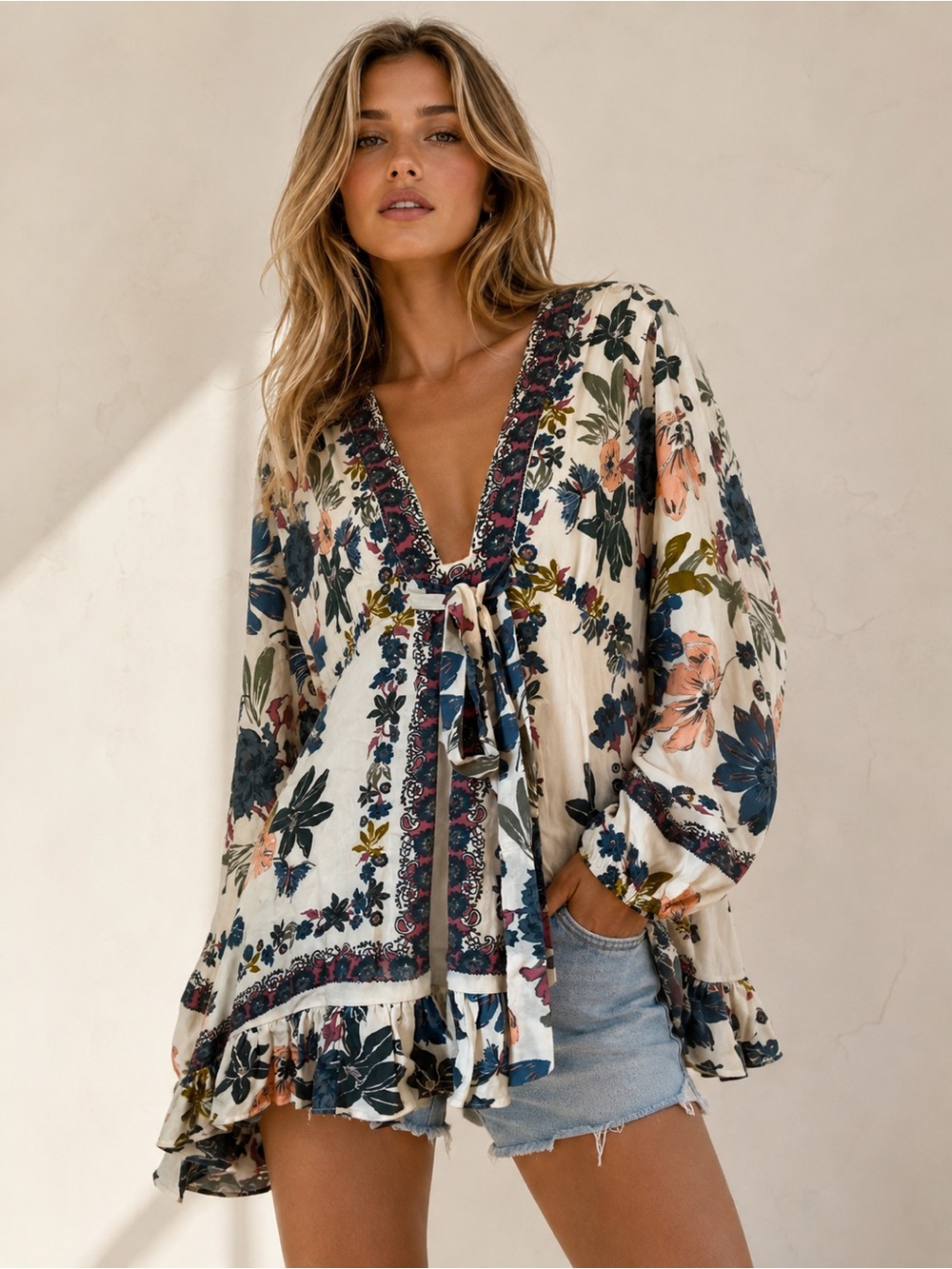 Free People Violet Hill Floral Print Long Sleeve Tunic Top size 4